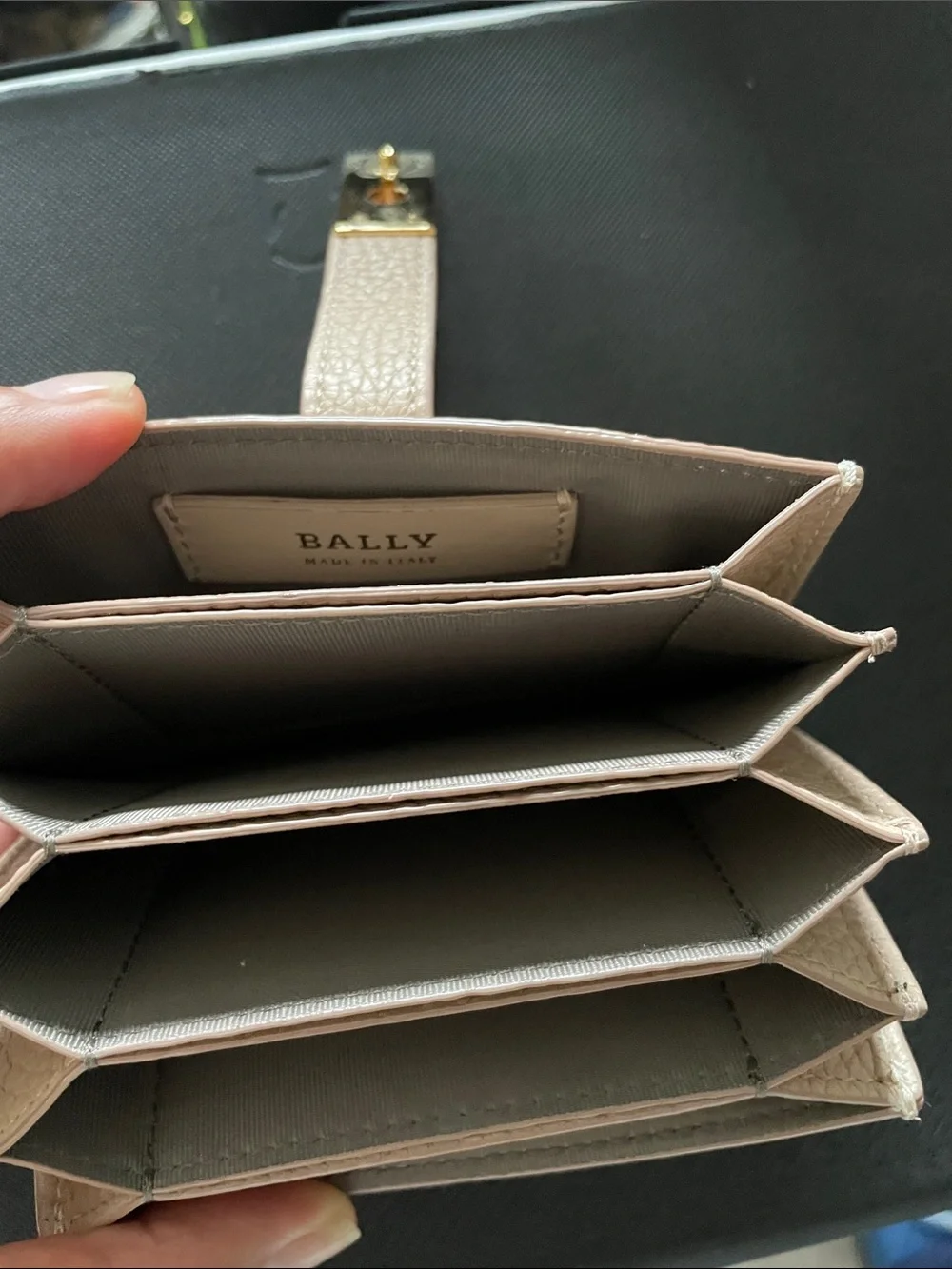 Bally Alil Card Holder in Taupe / Beige Pebbled Leather with Gold Lock